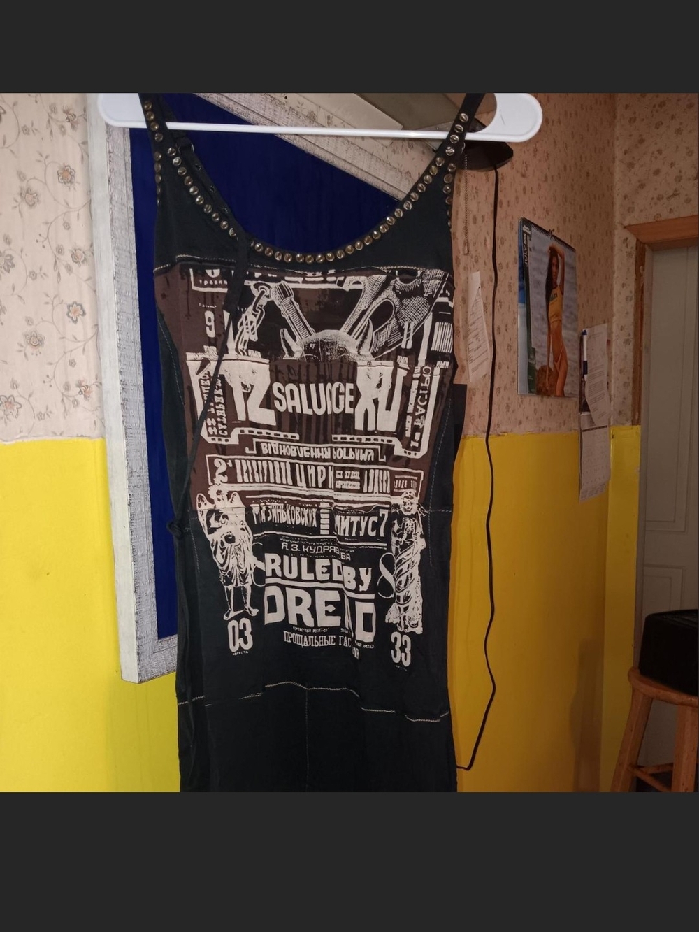 Salvage Studded Rare 'Ruled By Dread' Graphic Black Tank Dress. S